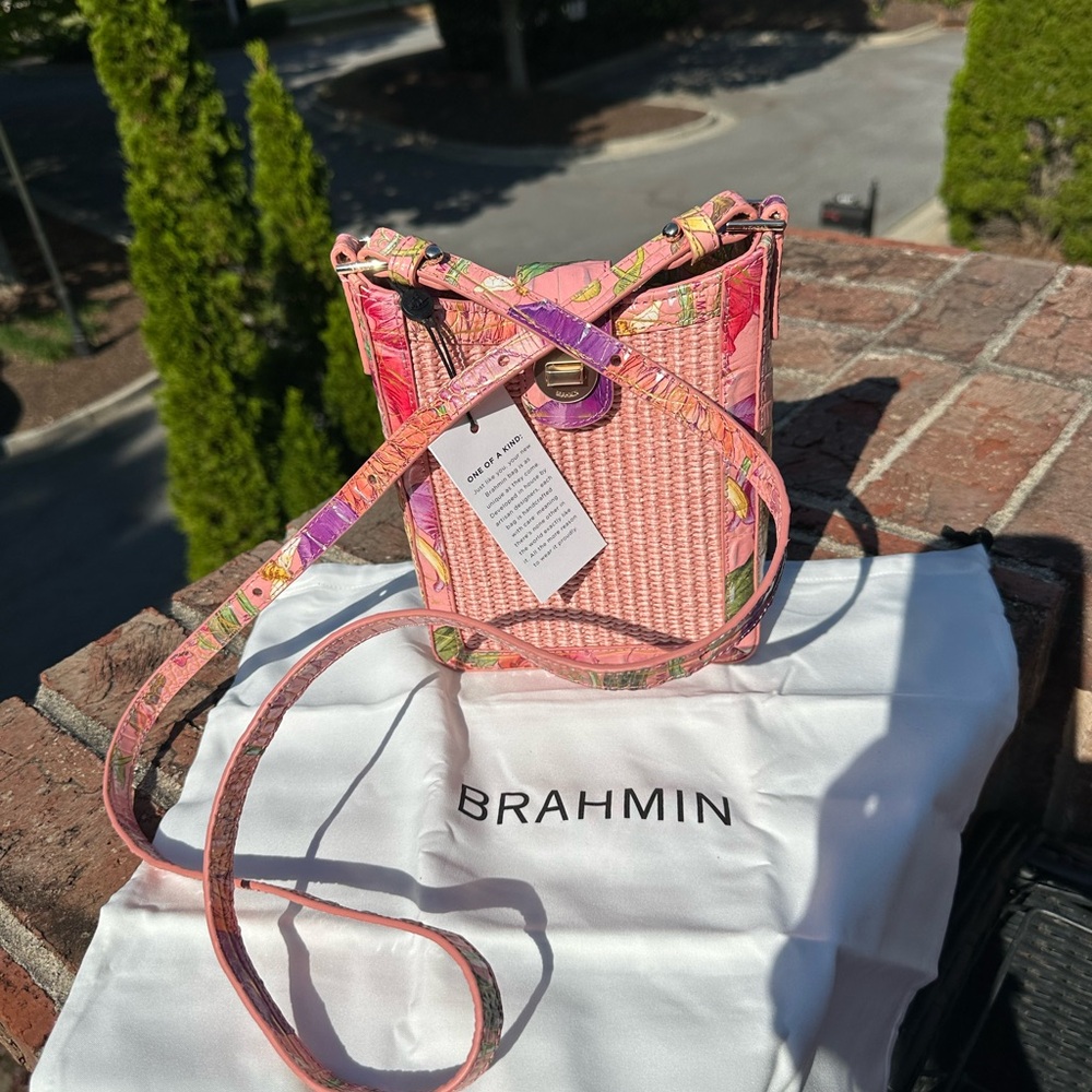 Brahmin Pink Leather & Rafia Woven Crossbody Bag NWT